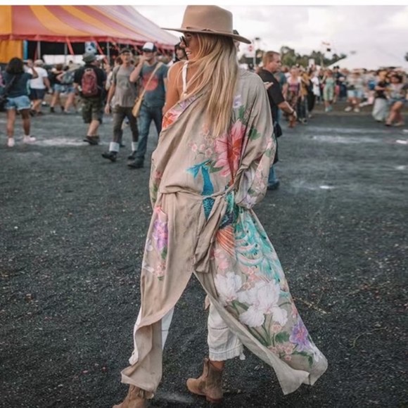 Boho Tan Floral Print kimono Cover up Belted Gypsy - Picture 5 of 10